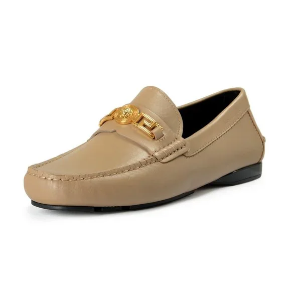 Versace Men's Taupe 100% Leather Gold Medusa Car Shoes Loafers Shoes US 9  IT 42
